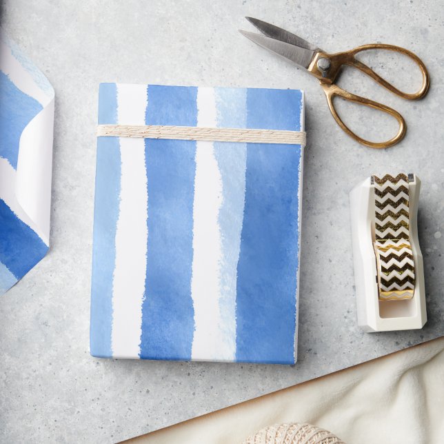 Papier Cadeau Rayure d'aquarelle bleue (Blue Watercolor Stripe Wrapping Paper)