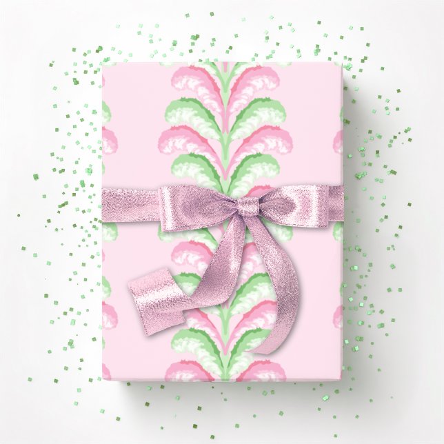 Papier Cadeau Rayure Fête à Plumes en Rose et Vert (Créateur téléchargé)