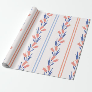 Papier Cadeau Rayure florale vintage prépa saumon et bleu