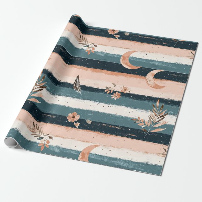 Papier Cadeau Rayure lunaire céleste Boho dans des tons terreux (Déroulé)