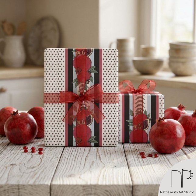 Papier Cadeau Rayure Moderne à Graines de Grenade (Hand drawn pomegranate fruit and seed stripe pattern wrapping paper on neutral background)