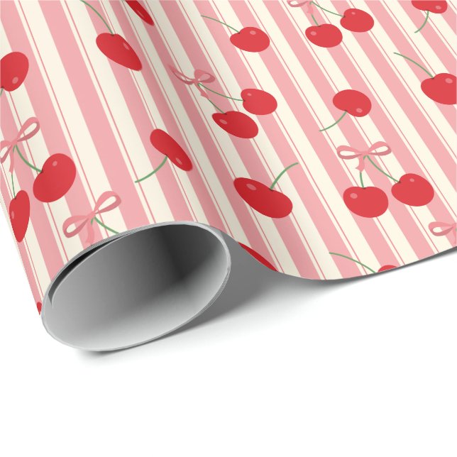 Papier Cadeau Rayure Ruban Cerise (Coin rond)