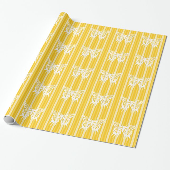 Papier Cadeau Rayure victorienne au moutarde avec papillon (Déroulé)