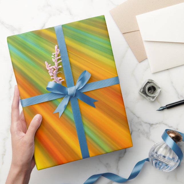 Papier Cadeau rayures Abstraites rouge jaune orange vert sur ble (Cadeaux)