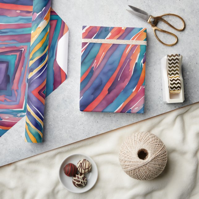 Papier Cadeau Rayures Aquarelle Orange, Rose Bleu Vert Violet  (Artisanat)