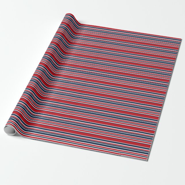 Papier Cadeau Rayures Artsy dans blanc rouge et bleu (Déroulé)