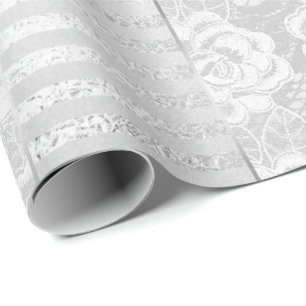 Papier Cadeau Rayures blanches de dentelle d'argent floral royal