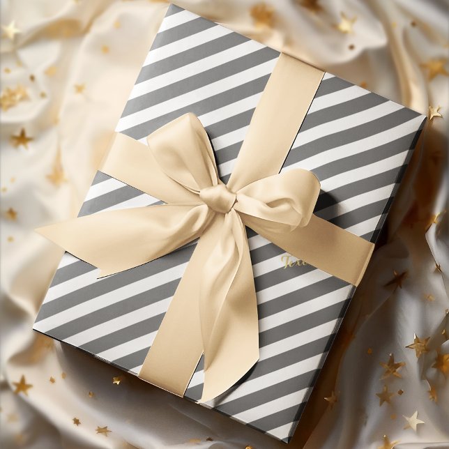 Papier Cadeau Rayures blanches grises Texte doré Noël Anniversai (White Gray Stripes Gold Text Christmas Birthday Wrapping Paper)