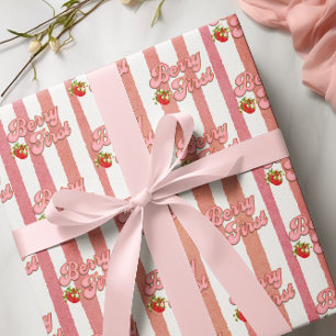 Papier Cadeau Rayures Blanches Rose Baie 1er Anniversaire Fraise