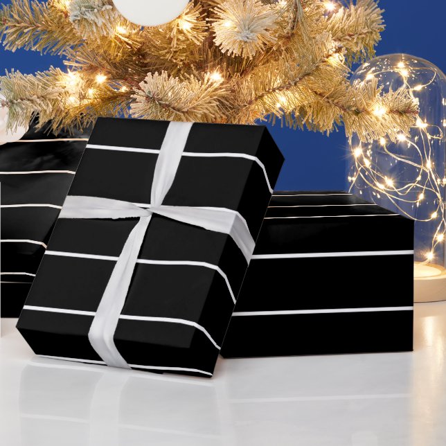 Papier Cadeau Rayures blanches simples sur fond noir (Vacances)