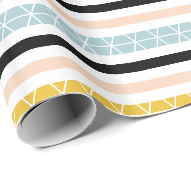Papier Cadeau Rayures bleues blanches noires jaunes (Coin rond)