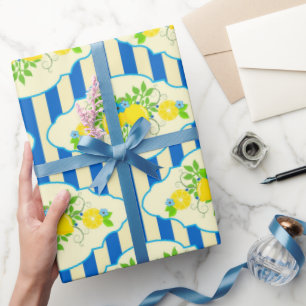 Papier Cadeau Rayures bleues et motifs de citrons et de feuilles