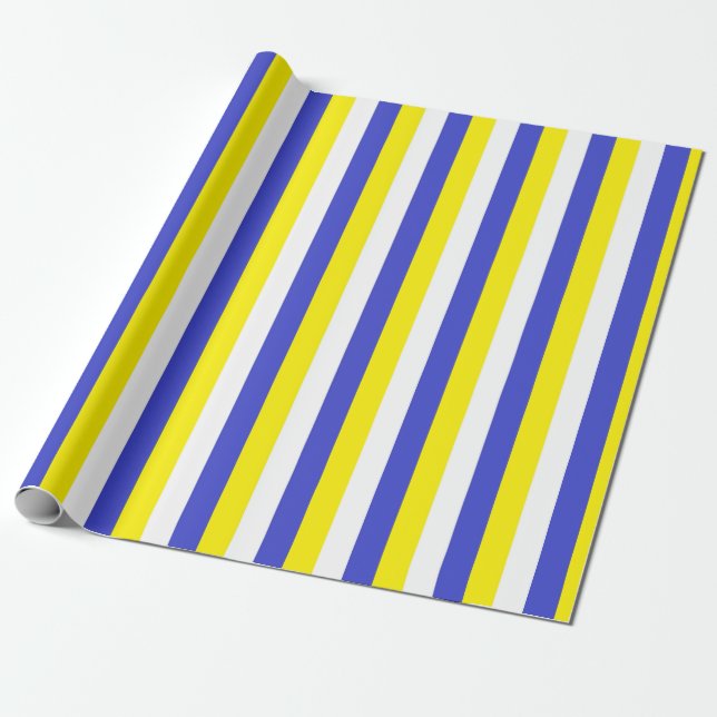 Papier Cadeau Rayures bleues, jaunes et blanches verticales (Déroulé)