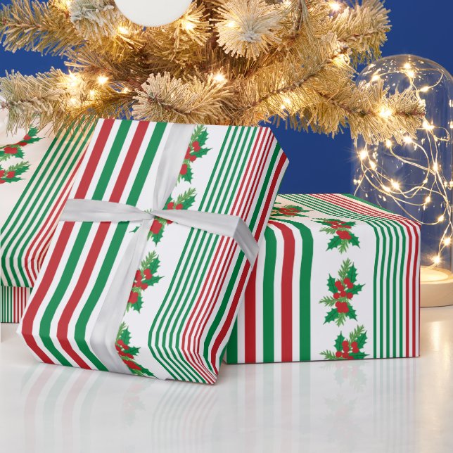 Papier Cadeau Rayures Classiques avec Houx (Vacances)