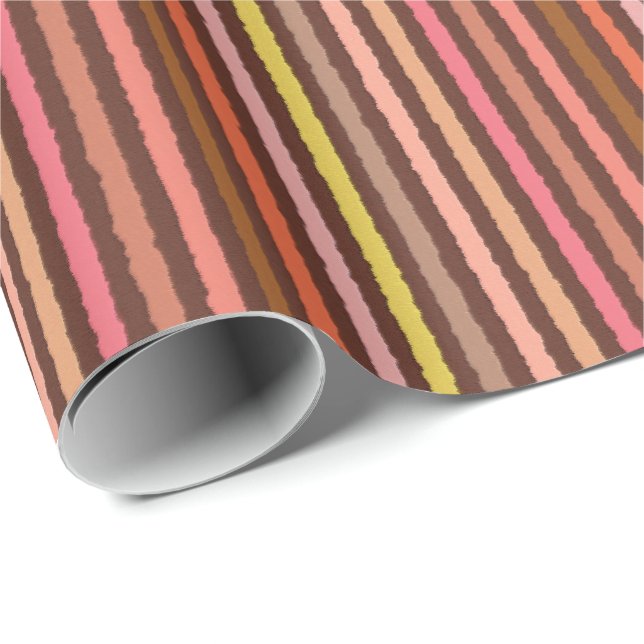 Papier Cadeau Rayures de craie - Brun chocolat et corail (Coin rond)