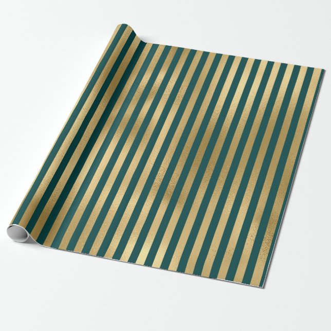 Papier Cadeau Rayures de feuille d'or et de turquoise (Déroulé)