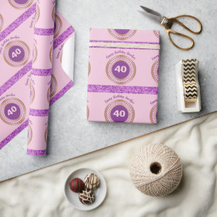 Papier Cadeau Rayures de paillettes roses Emblème doré 40e perso