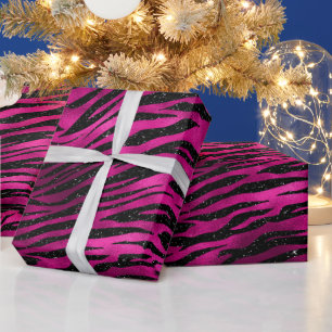 Papier Cadeau Rayures de tigre élégantes rose vif et noir paille