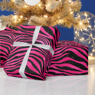 Papier Cadeau Rayures de tigre élégantes rose vif et noir paille