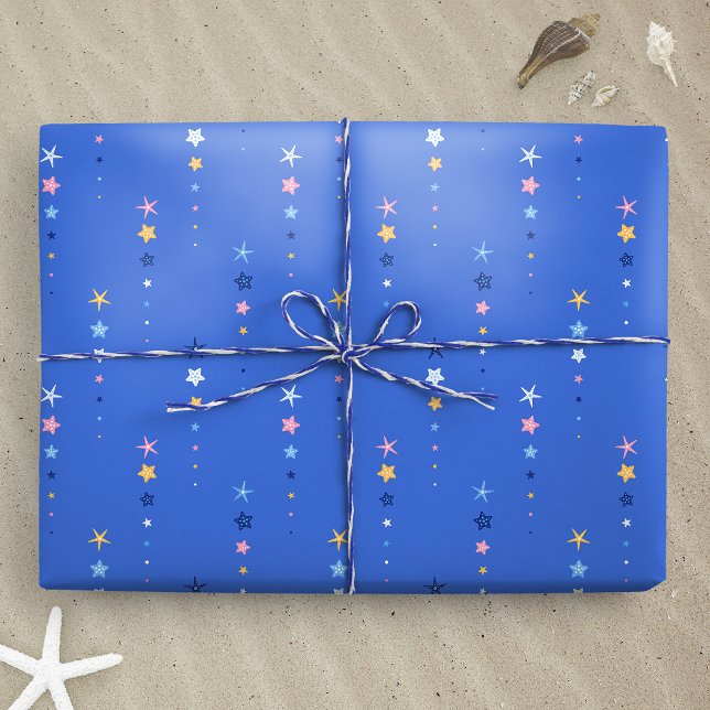 Papier Cadeau Rayures d'étoile de mer bleu cobalt côtier (Cobalt Blue Starfish Stripes wrapping paper gift mockup)