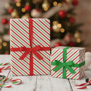 Papier Cadeau Rayures diagonales festives rouges vertes blanches