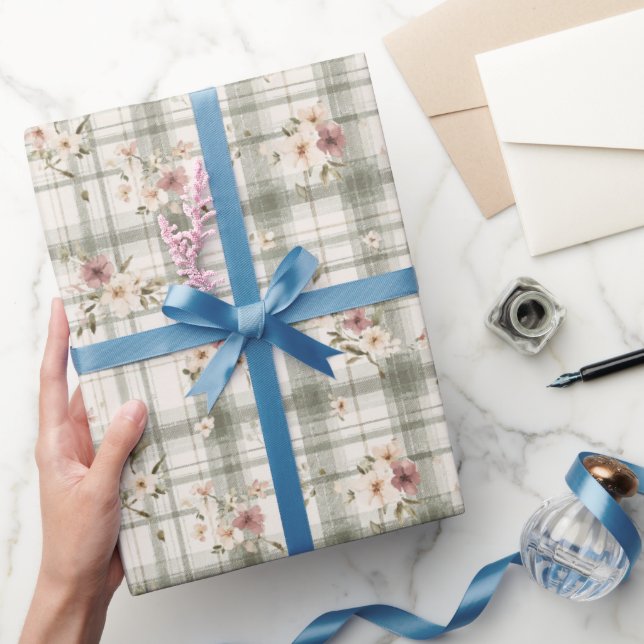 Papier Cadeau Rayures écossaises vertes bordeaux fleurs crème An (Cadeaux)