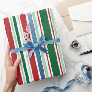 Papier Cadeau Rayures modernes de Noël rouge, vert, blanc