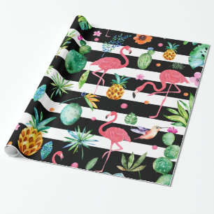 Papier Cadeau Rayures noires et blanches Fleurs et oiseaux tropi