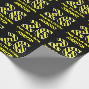 Papier Cadeau Rayures noires et jaunes "26"; 26e anniversaire +