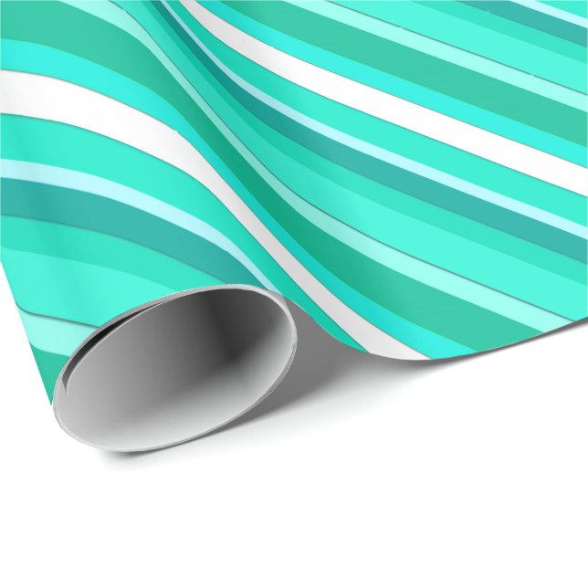Papier Cadeau Rayures posées de sucrerie - turquoise et blanc (Coin rond)