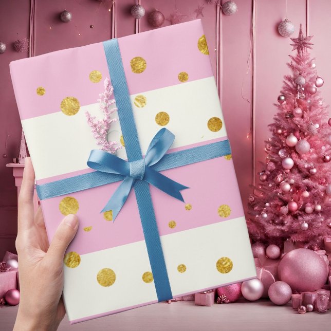 Papier Cadeau Rayures roses blanches pois dorés (Créateur téléchargé)