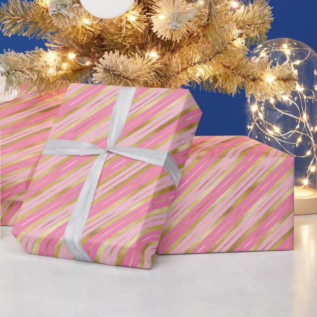 Papier Cadeau Rayures roses et or (Vacances)