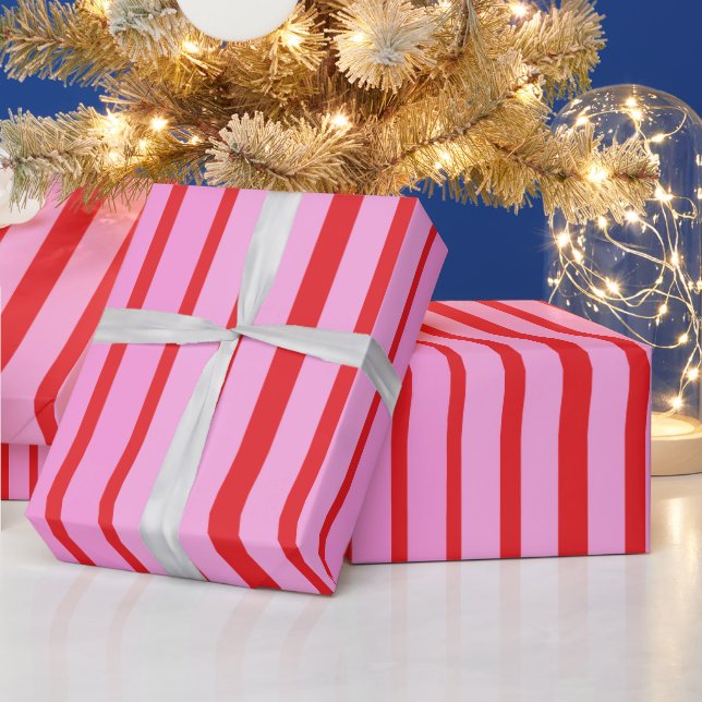 Papier Cadeau Rayures roses et rouges  (Vacances)