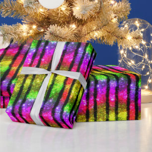 Papier Cadeau Rayures scintillantes arc-en-ciel néon