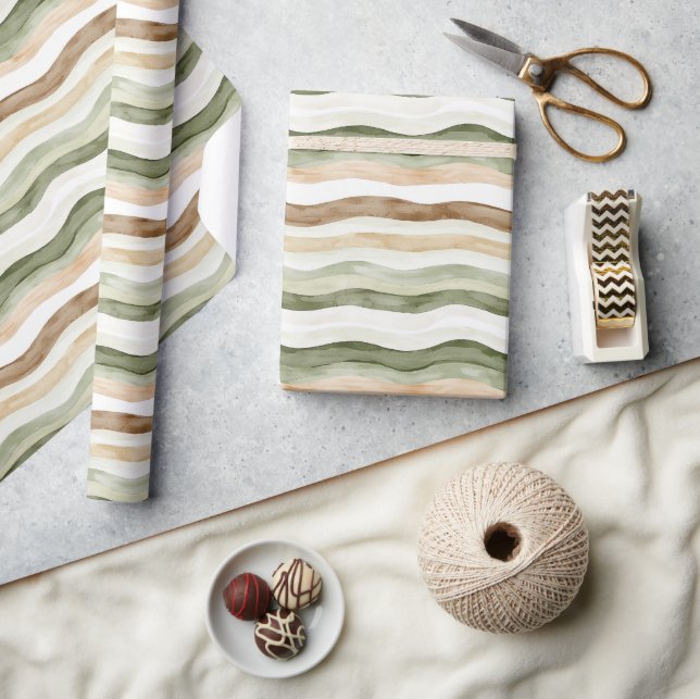 Papier Cadeau Rayures Vert Crème Marron (Artisanat)