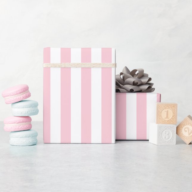 Papier Cadeau Rayures verticales bébé rose et blanc rayé (Baby Shower)