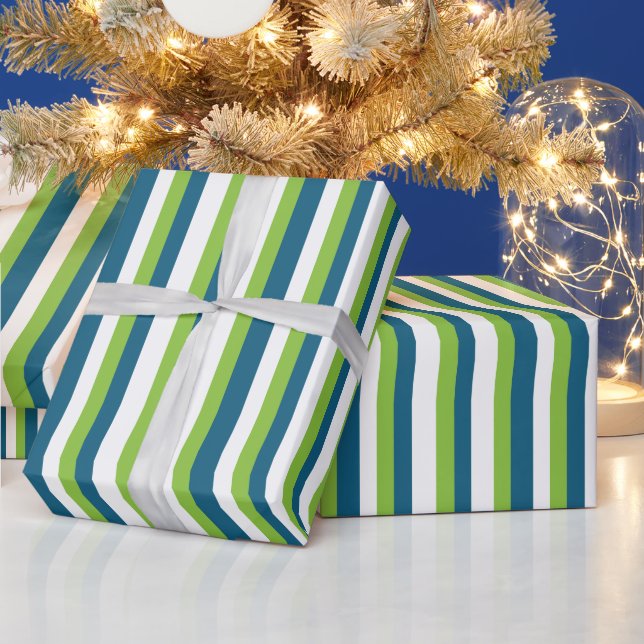 Papier Cadeau Rayures verticales bleues blanches vertes  (Vacances)