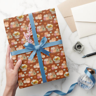 Papier Cadeau Récolte Citrouille rustique sur l'orange rouge fon