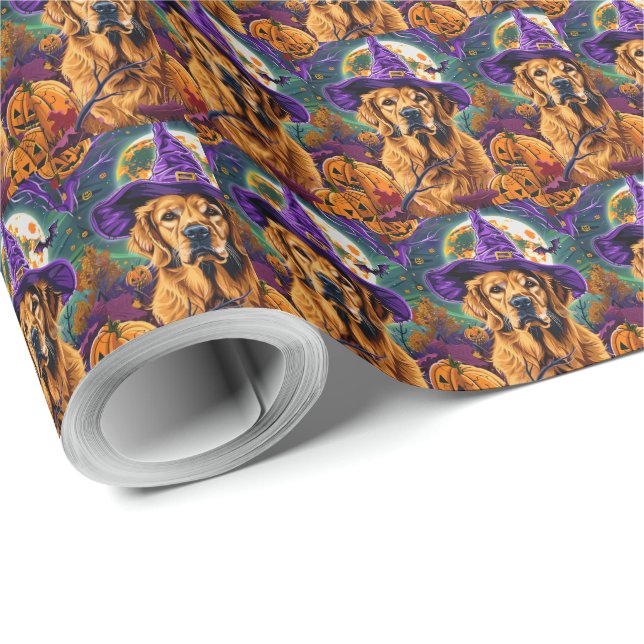 Papier Cadeau Récupérateur doré effrayant Halloween Sorcière Cit (Coin rond)