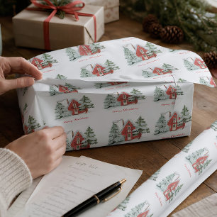 Papier Cadeau Red Barre Green Forêt d'hiver Pine sapin de Noël