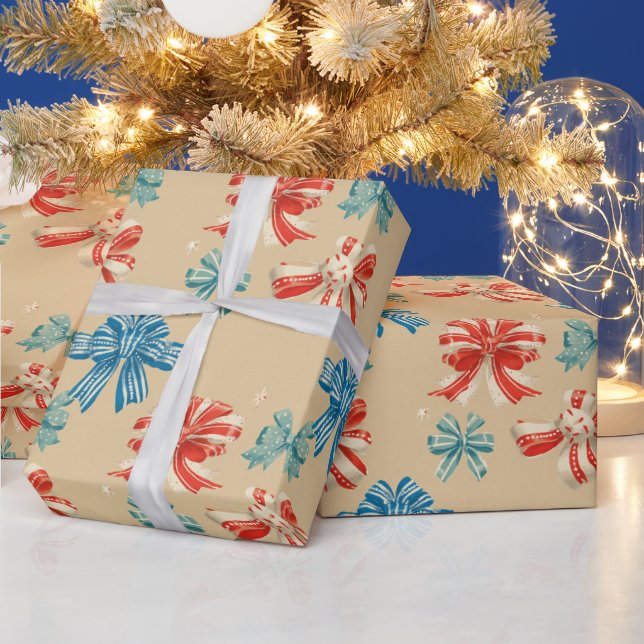 Papier Cadeau Red, Blue, Green, White Bow Pattern (Vacances)