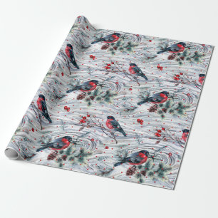 Papier Cadeau Red Bullfinch & Christmas Foliing Motif