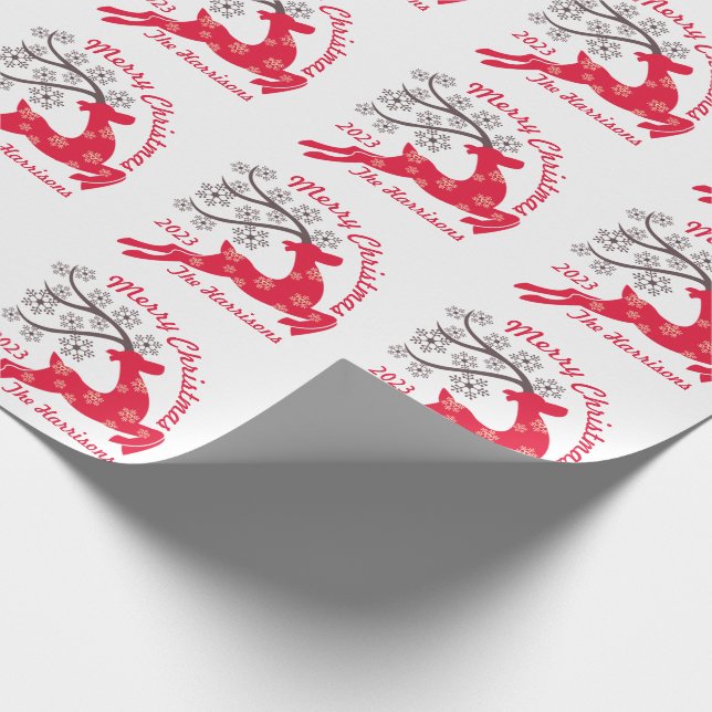 Papier Cadeau Red Christmas Reindeen Snowflake Nom Blanc (Coin)