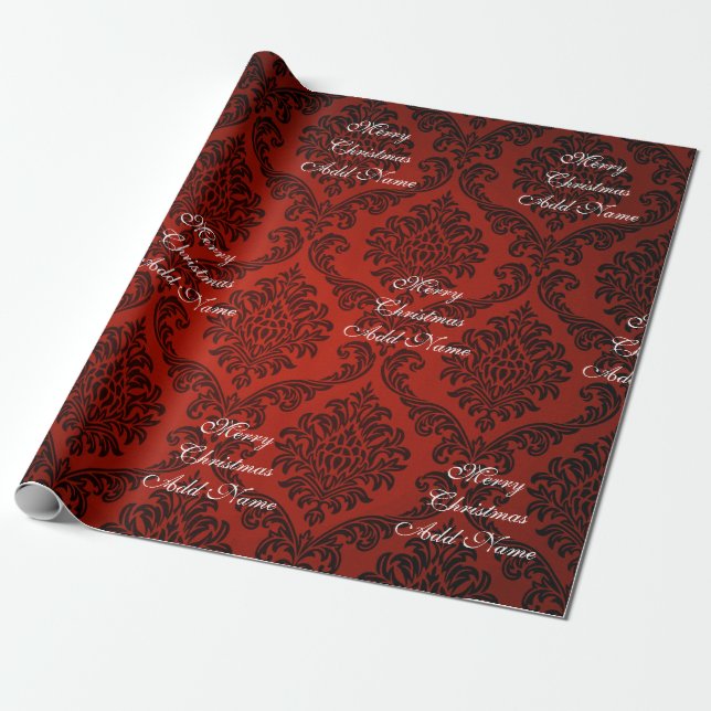Papier Cadeau Red Damask Joyeux Noël avec nom Noël (Déroulé)