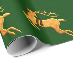 Papier Cadeau Red et Gold Reindeder sur Green Damask