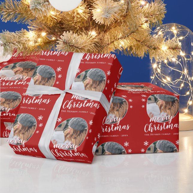 Papier Cadeau Red Family Photo Flocon de neige Joyeux Noël (Vacances)