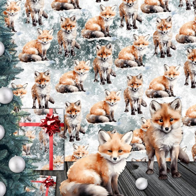 Papier Cadeau Red Fox Cubs Snowy Winter Scène (Red Fox Cubs Snowy Winter Scene Wrapping Paper Rolls)