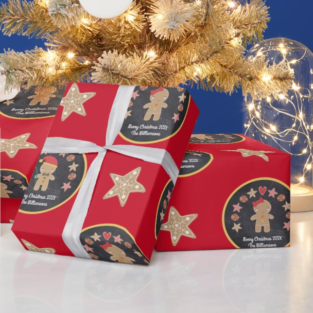 Papier Cadeau Red Gingerbread Cookie Chalkboard Cute Nom personn (Vacances)
