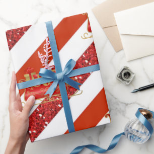 Papier Cadeau Red Glitter White Striped Christmas Sleigh