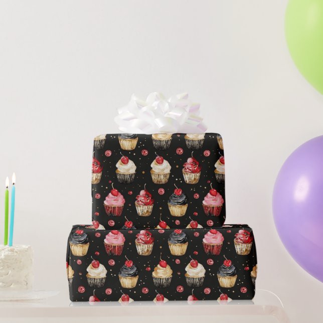 Papier Cadeau Red Gold Black Pink Cupcakes Cerisier Anniversaire (Cadeaux de fête)